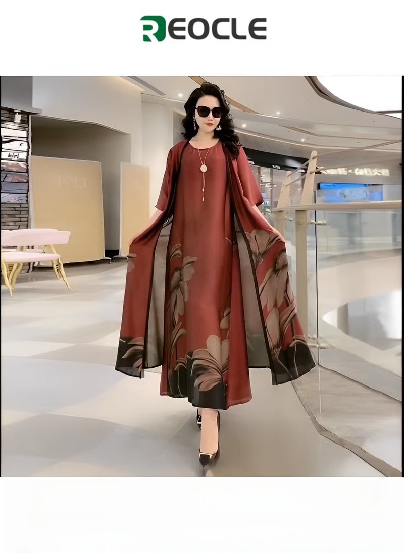 REOCLE Women's Silk Dress 2 Pieces Elegant Outfit Soothing Solid Color Suit with Fashion Print Design & Relaxed Hem & Half Sleeve Design Summer Slim Dress  - Image 1