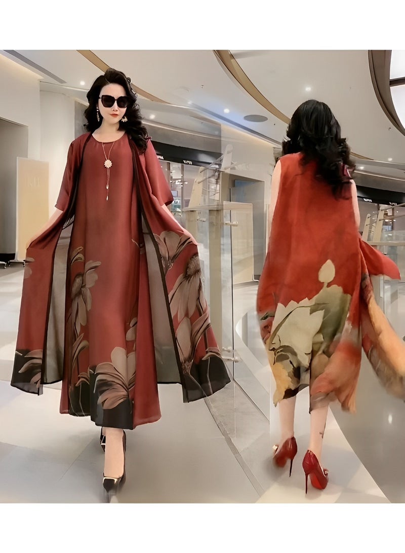 REOCLE Women's Silk Dress 2 Pieces Elegant Outfit Soothing Solid Color Suit with Fashion Print Design & Relaxed Hem & Half Sleeve Design Summer Slim Dress  - Image 3