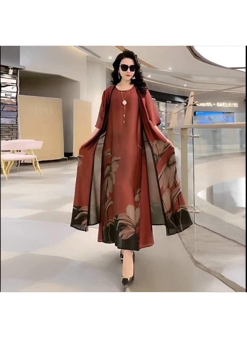 REOCLE Women's Silk Dress 2 Pieces Elegant Outfit Soothing Solid Color Suit with Fashion Print Design & Relaxed Hem & Half Sleeve Design Summer Slim Dress  - Image 2