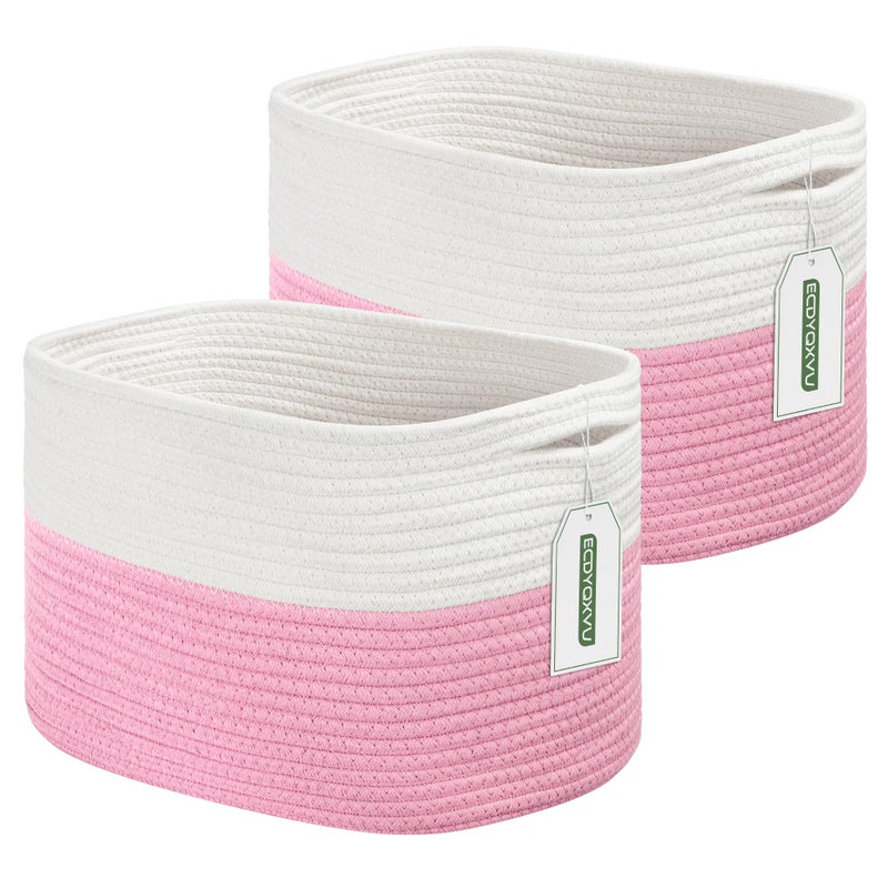 ECDYQXVU Cotton Rope Shelf Storage Basket 15x10x9 in Shelf Storage Baskets for Clothes Towels Books Laundry White Pink 2 Pack - Image 2