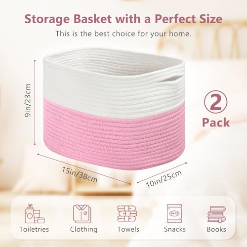 ECDYQXVU Cotton Rope Shelf Storage Basket 15x10x9 in Shelf Storage Baskets for Clothes Towels Books Laundry White Pink 2 Pack - Image 3