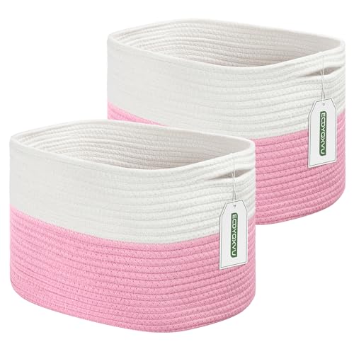 ECDYQXVU Cotton Rope Shelf Storage Basket 15x10x9 in Shelf Storage Baskets for Clothes Towels Books Laundry White Pink 2 Pack - Image 1