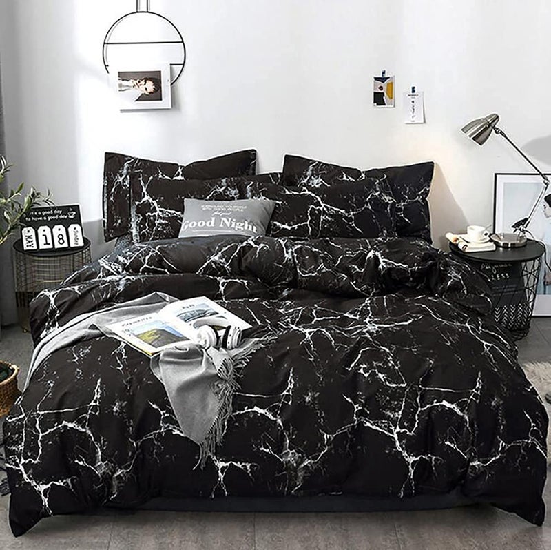 KAREVER Black Comforter Set Boys Black Marble Bedding Set Twin Lightweight Soft Blanket Teen Boy Girls Breathable Black Marble Quilt Set 3 PCs Bed Comforter Set