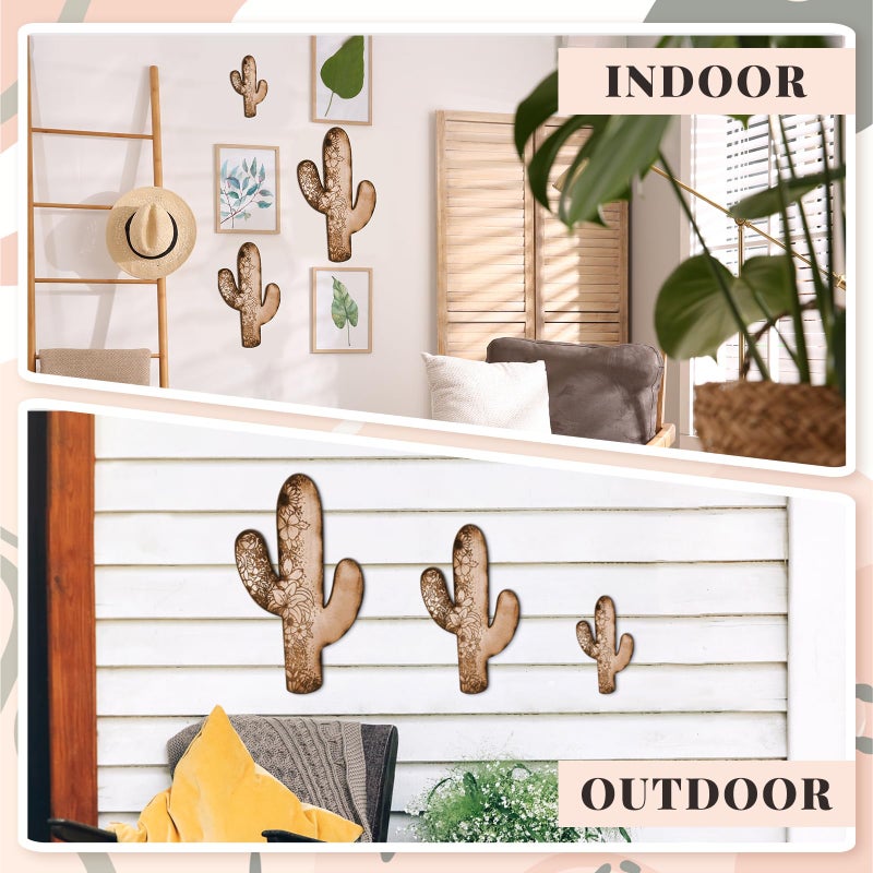 Vercraft 3 Pieces Aztec Cactus Wall Decor Vintage Hanging Western Wall Decor for Home Rustic Flower Pattern Southwest Farmhouse Wooden Cactus Sign for Living Room Bedroom Kitchen Office(Elegant Style) - Image 3