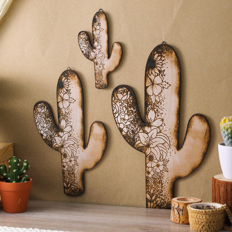Vercraft 3 Pieces Aztec Cactus Wall Decor Vintage Hanging Western Wall Decor for Home Rustic Flower Pattern Southwest Farmhouse Wooden Cactus Sign for Living Room Bedroom Kitchen Office(Elegant Style) - Image 1