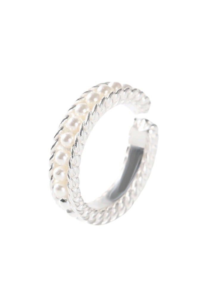 خاتم نسائي أبيض أنيق، بتصميم مفتوح قابل للتعديل، يناسب معظم المقاسات - Image 1