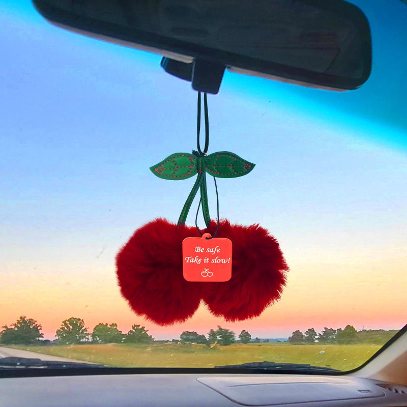 NeverGarden Furry Cherry Car Rear View Mirror Hanging Ornament Auto Cars Decorations Accessories for Women, Lucky Charm Keychain with Paper Pendant Scented for Cherry Lover Gifts - Image 1