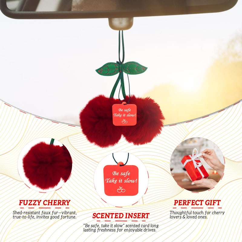 NeverGarden Furry Cherry Car Rear View Mirror Hanging Ornament Auto Cars Decorations Accessories for Women, Lucky Charm Keychain with Paper Pendant Scented for Cherry Lover Gifts - Image 4
