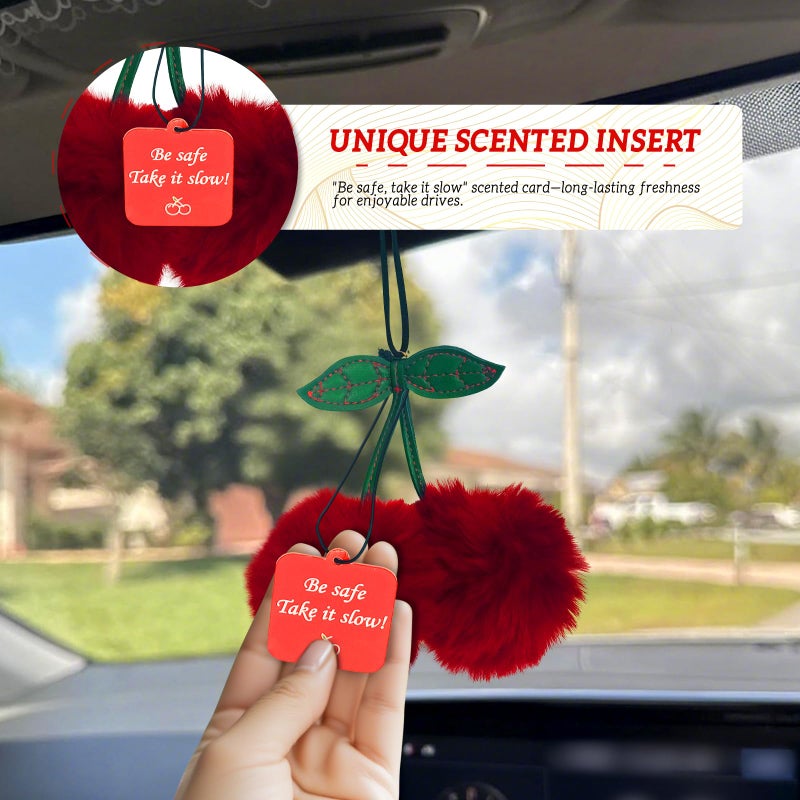NeverGarden Furry Cherry Car Rear View Mirror Hanging Ornament Auto Cars Decorations Accessories for Women, Lucky Charm Keychain with Paper Pendant Scented for Cherry Lover Gifts - Image 3