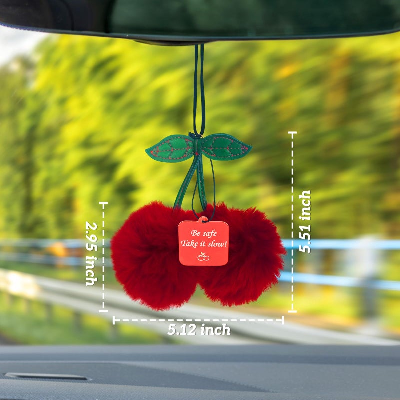 NeverGarden Furry Cherry Car Rear View Mirror Hanging Ornament Auto Cars Decorations Accessories for Women, Lucky Charm Keychain with Paper Pendant Scented for Cherry Lover Gifts - Image 2