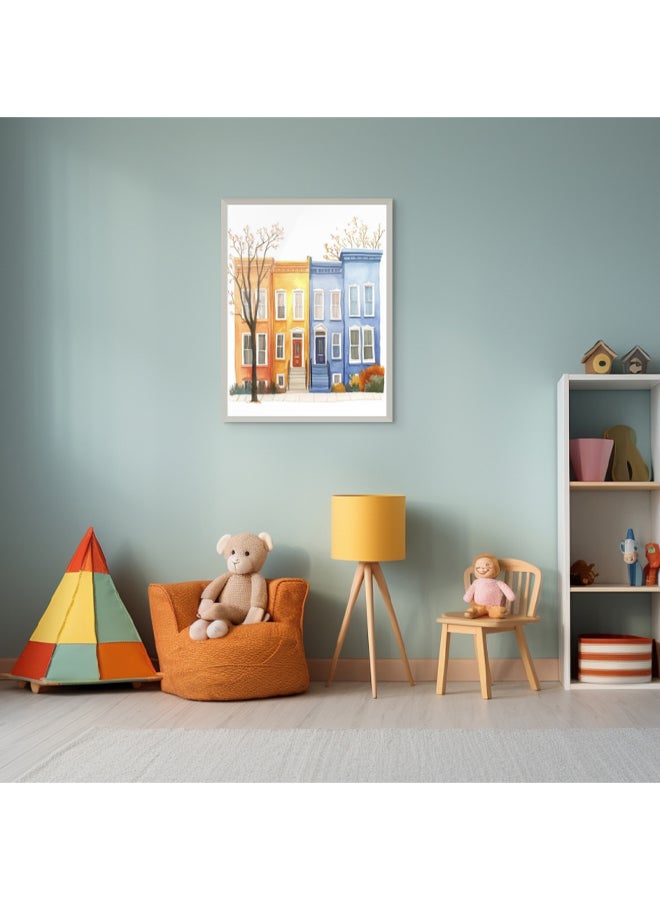 Art Decor Framed Fine Art of Colorful House Portrait Playful Fun Whimsical Home Print Wall Décor for Playroom Classroom Nursery Kid Bedroom Children Room Gifting