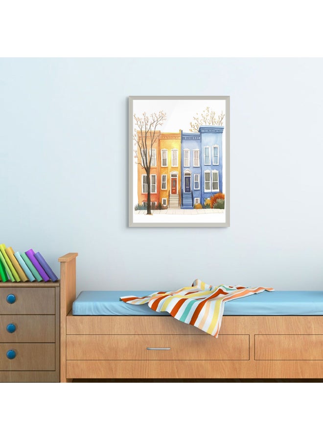 Art Decor Framed Fine Art of Colorful House Portrait Playful Fun Whimsical Home Print Wall Décor for Playroom Classroom Nursery Kid Bedroom Children Room Gifting