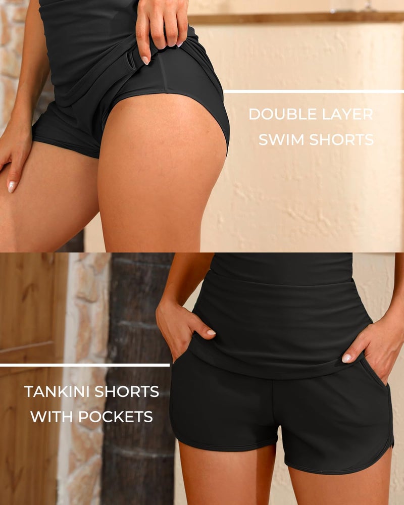 Tempt Me Women Black Tankini Swimsuits with Shorts - Two Piece Tummy Control Bathing Suits Top with Two Pockets Bottom Swimwear XL - Image 4
