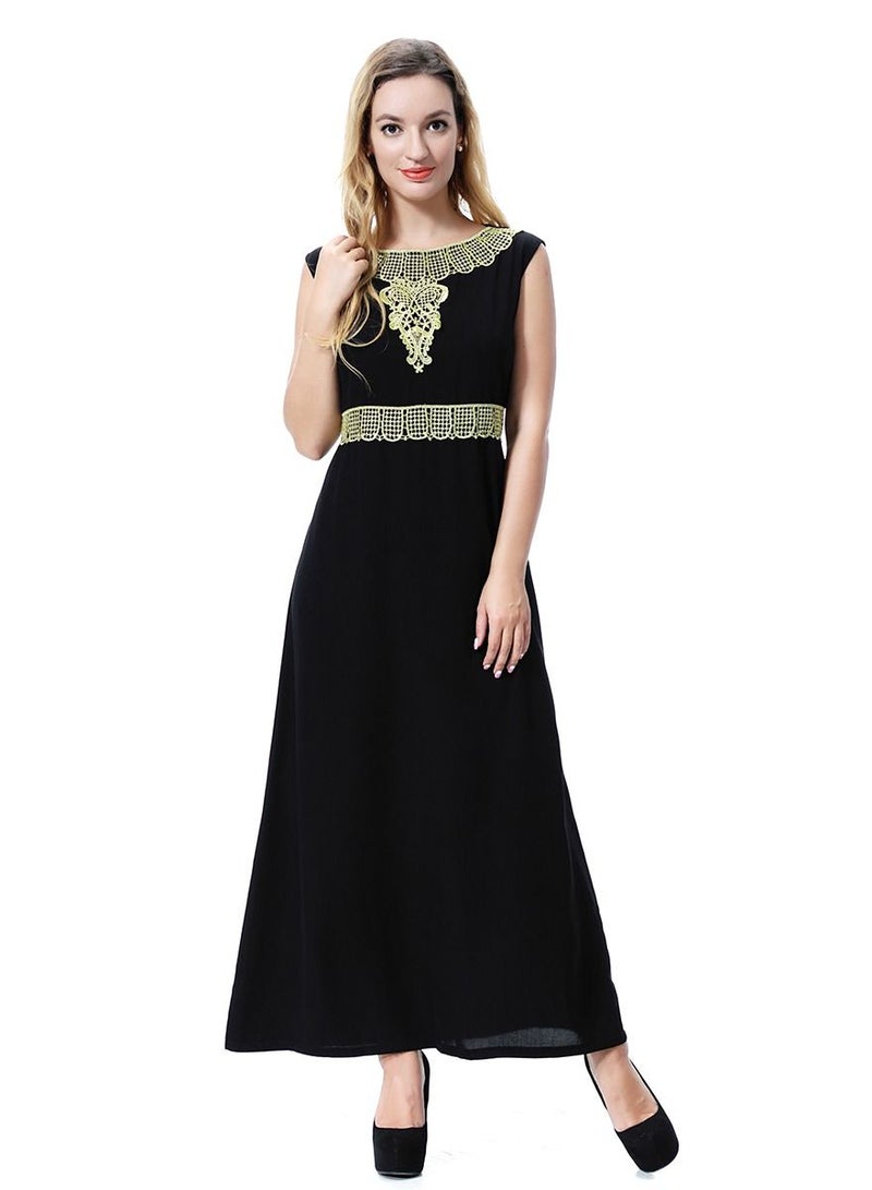 Loquat Women's Round Neck Sleeveless Applique Maxi Long Casual Dress Robe With Belt Black/Gold  - Image 1
