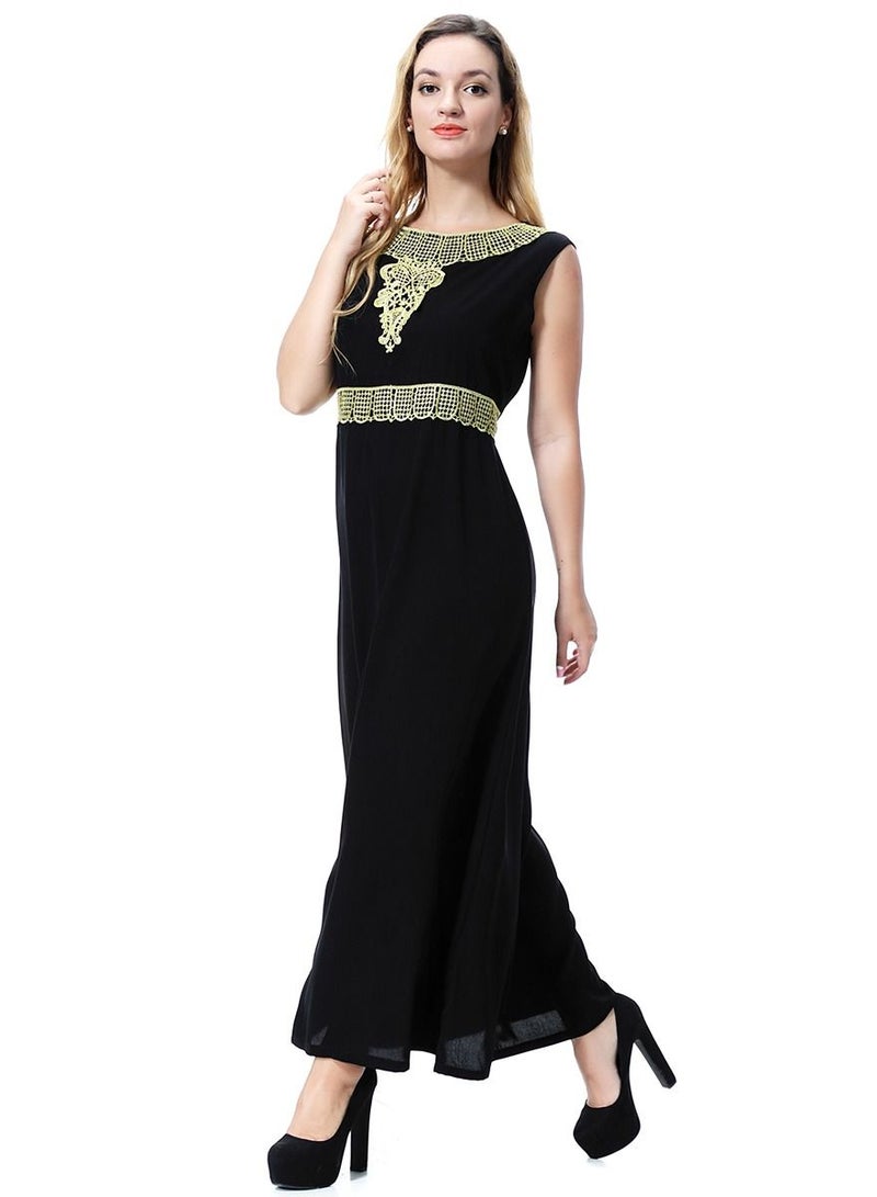 Loquat Women's Round Neck Sleeveless Applique Maxi Long Casual Dress Robe With Belt Black/Gold  - Image 2