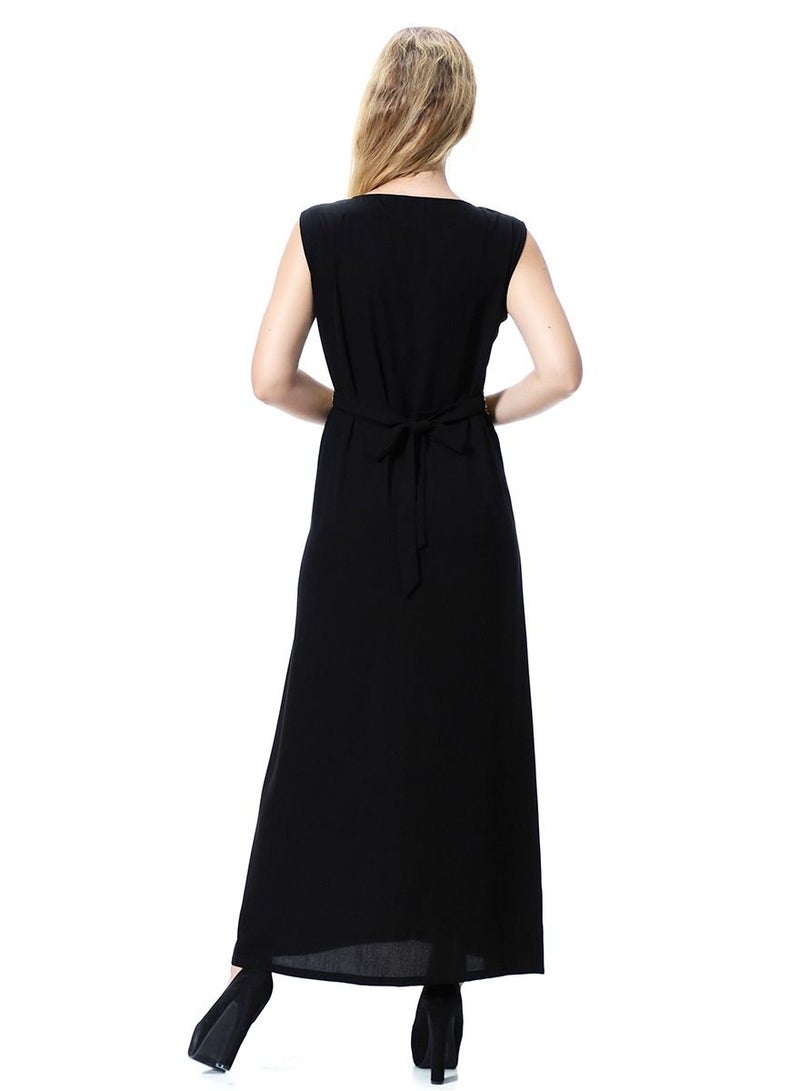 Loquat Women's Round Neck Sleeveless Applique Maxi Long Casual Dress Robe With Belt Black/Gold  - Image 3