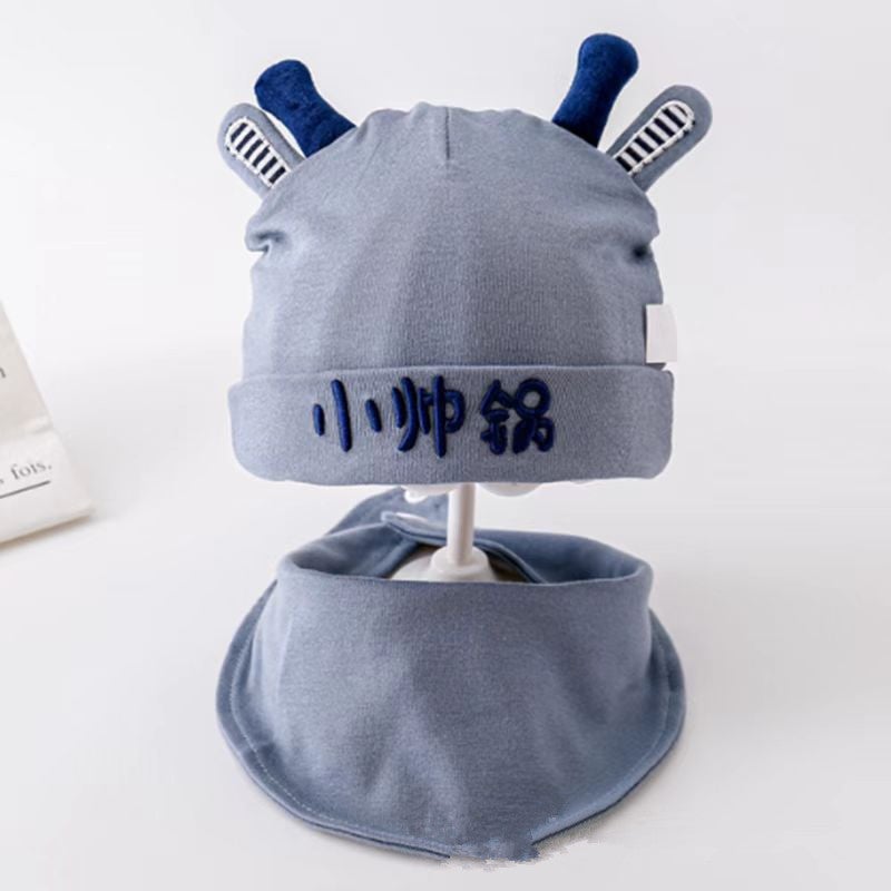 Cute Bear Cotton Baby Hat Scarf Set Autumn-Winter 0-12M Little handsome pot blue + saliva towel