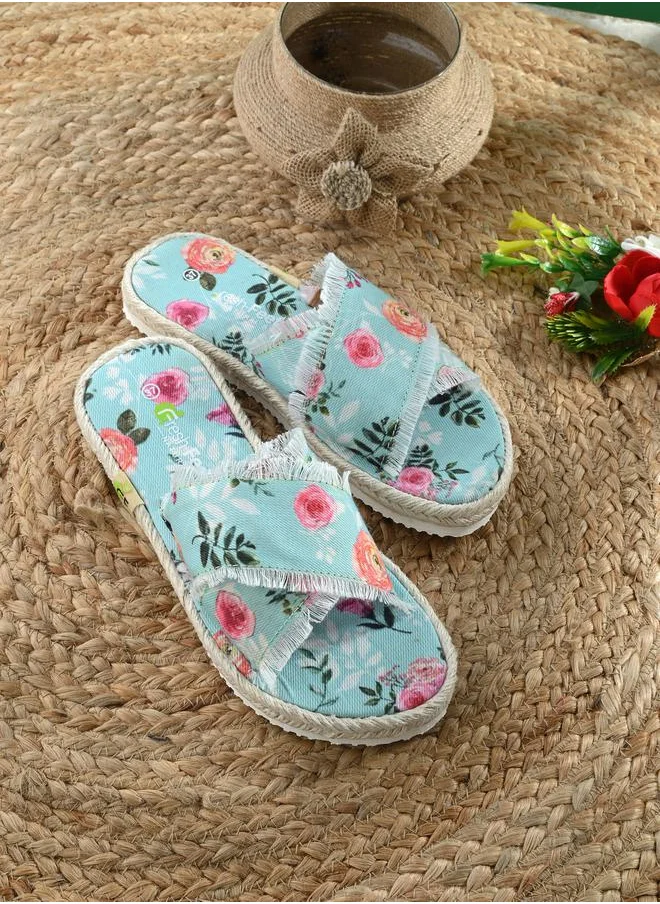 فريش فيت Frayed Trim Cross Strap Floral Print Flat Sandal by Styli