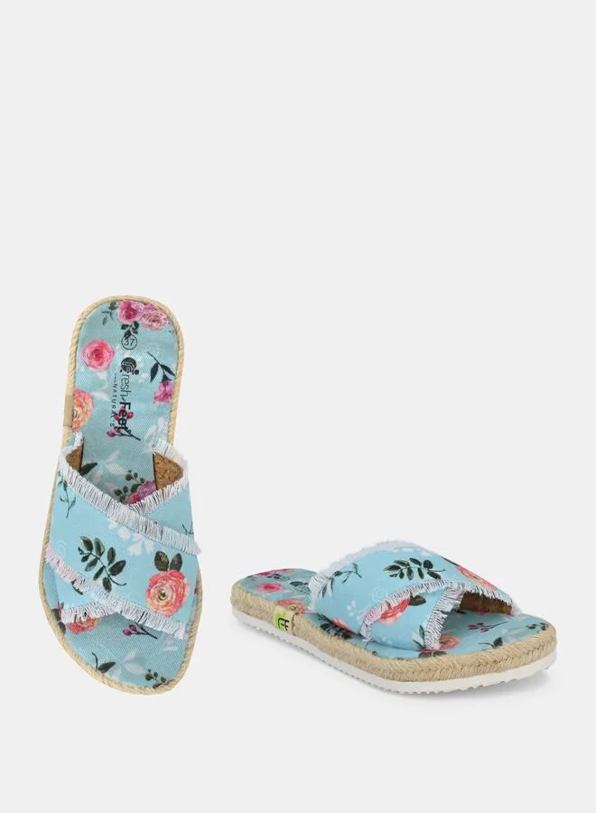 Fresh Feet Fresh Feet Frayed Trim Cross Strap Floral Print Flat Sandal
