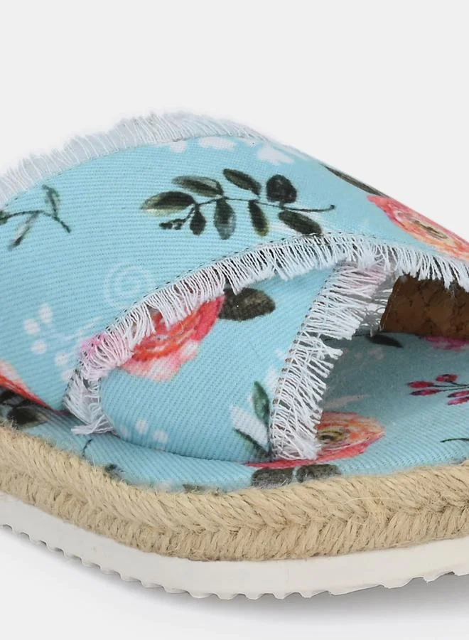 Fresh Feet Fresh Feet Frayed Trim Cross Strap Floral Print Flat Sandal