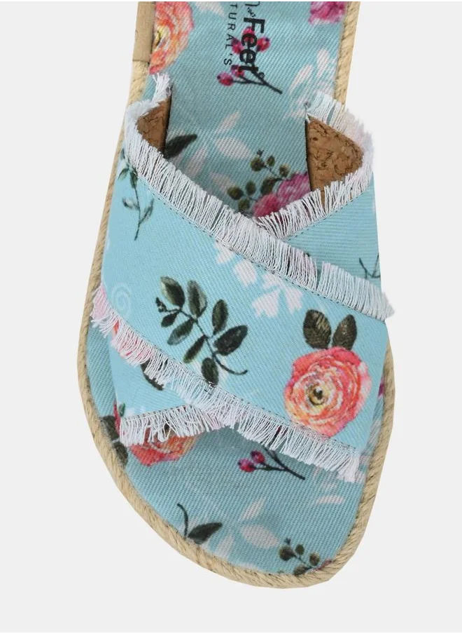 فريش فيت Frayed Trim Cross Strap Floral Print Flat Sandal by Styli