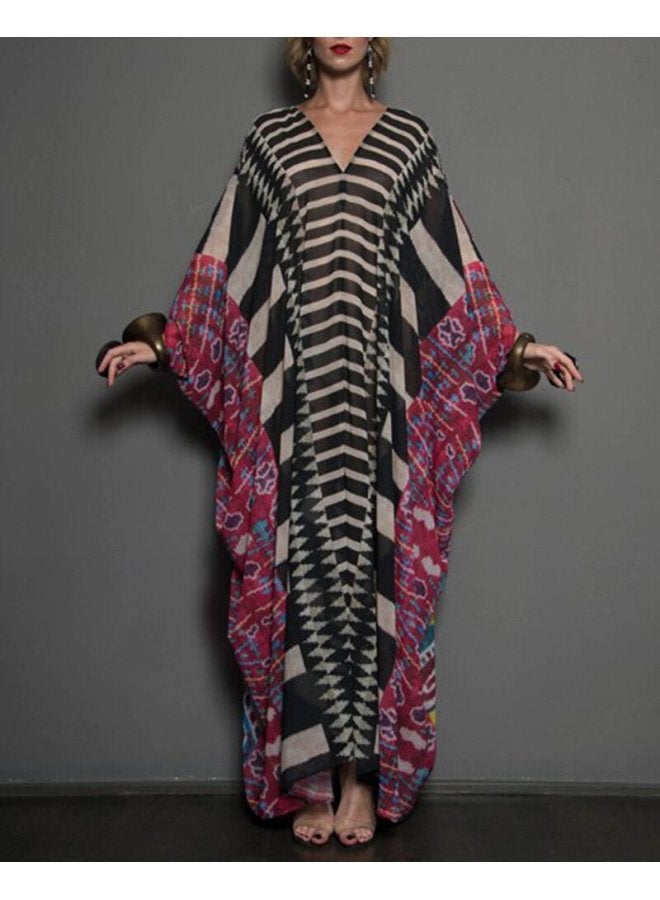 European And American Print Middle East Robe Loose Plus Size Dress Bat Sleeve Beach Blouse Holiday Robe 5D11-Color:5D114-  - Image 1