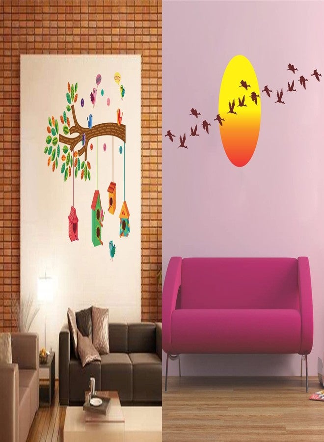 Walltech Set of 2 Wall Sticker Bird House On A Branch and Sunrise with Flying Birds Wall Sticker - Image 1