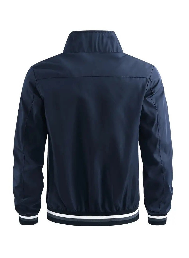 NIBEMINENT Stripe Edge Bomber Jacket, Men's Casual Stand Collar Zip Up Jacket For Spring Summer Outdoor - Image 2