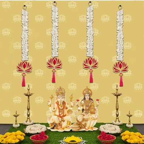 Party Propz Handmade Lotus Hangings for Decoration - 4pcs MDF White Floral Wall Hanging, Pooja Decorations Items for Home, Haldi Decoration Items for Home, Wedding Decorations - Image 1
