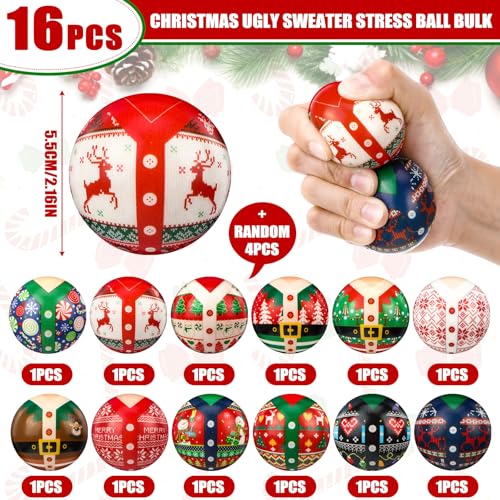 JellyArch 16 Pcs Christmas Ugly Sweater Stress Balls Bulk 2 Inch Christmas Foam PU Squeeze Balls Mini Stress Relief Toys Xmas Party Favors Goodie Bag Fillers Stocking Stuffer Gifts - Image 5