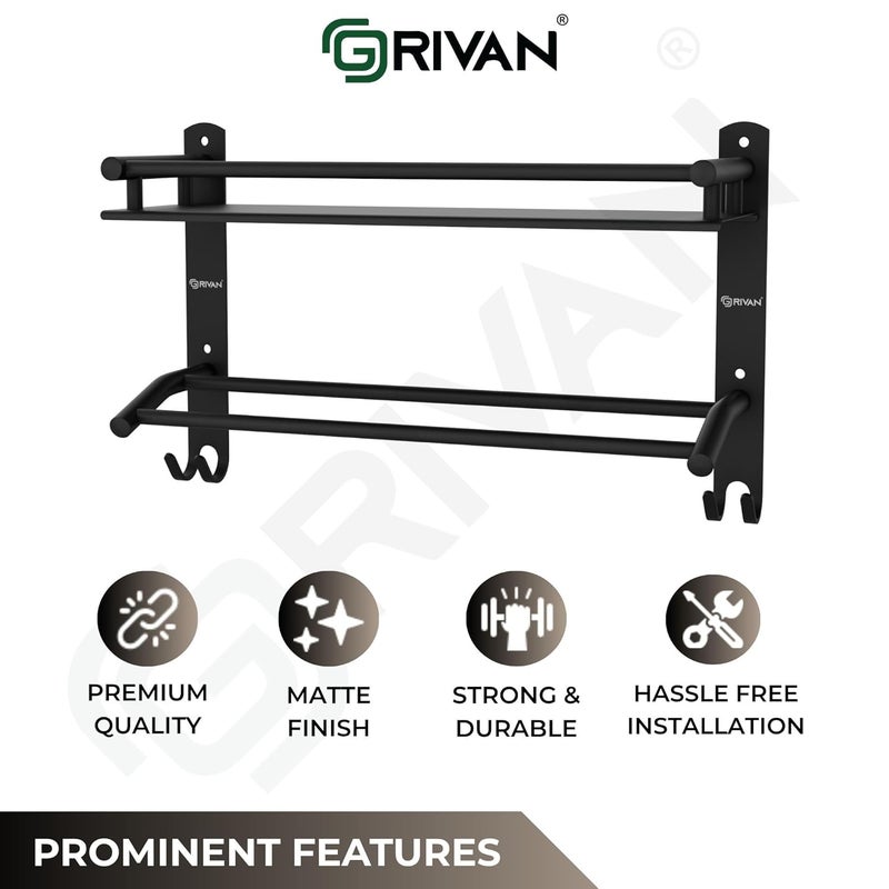 GRIVAN Multipurpose Stainless Steel Bathroom Shelf Rack Stand Holder with Dual Towel Rod for Bathroom Accessories and Fittings (Black Matte) - Image 4