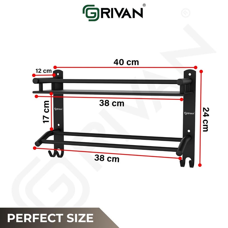 GRIVAN Multipurpose Stainless Steel Bathroom Shelf Rack Stand Holder with Dual Towel Rod for Bathroom Accessories and Fittings (Black Matte) - Image 2