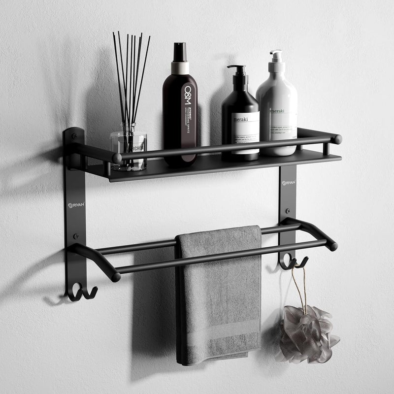 GRIVAN Multipurpose Stainless Steel Bathroom Shelf Rack Stand Holder with Dual Towel Rod for Bathroom Accessories and Fittings (Black Matte) - Image 1