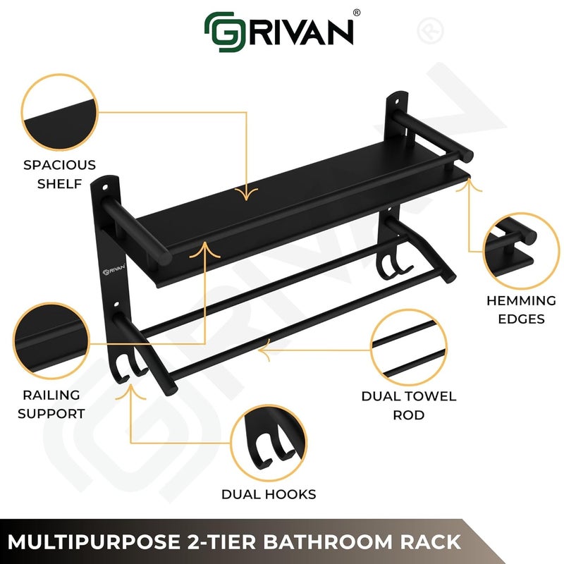 GRIVAN Multipurpose Stainless Steel Bathroom Shelf Rack Stand Holder with Dual Towel Rod for Bathroom Accessories and Fittings (Black Matte) - Image 3