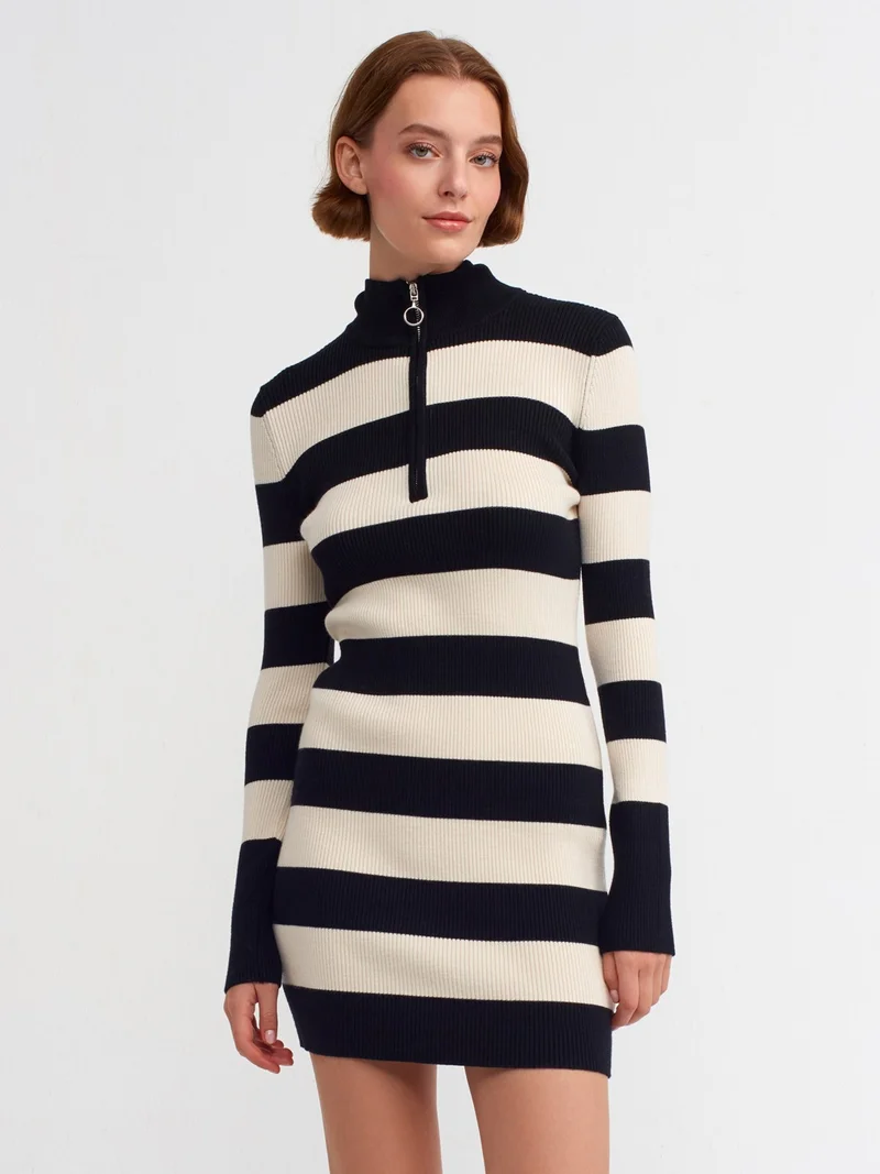Dilvin 90157 Half Turtleneck Zippered Knit Dress-Black-Cream