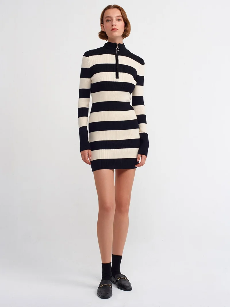 Dilvin 90157 Half Turtleneck Zippered Knit Dress-Black-Cream