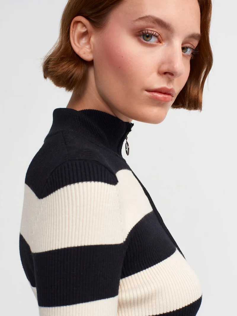 Dilvin 90157 Half Turtleneck Zippered Knit Dress-Black-Cream