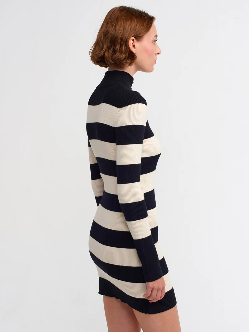 Dilvin 90157 Half Turtleneck Zippered Knit Dress-Black-Cream