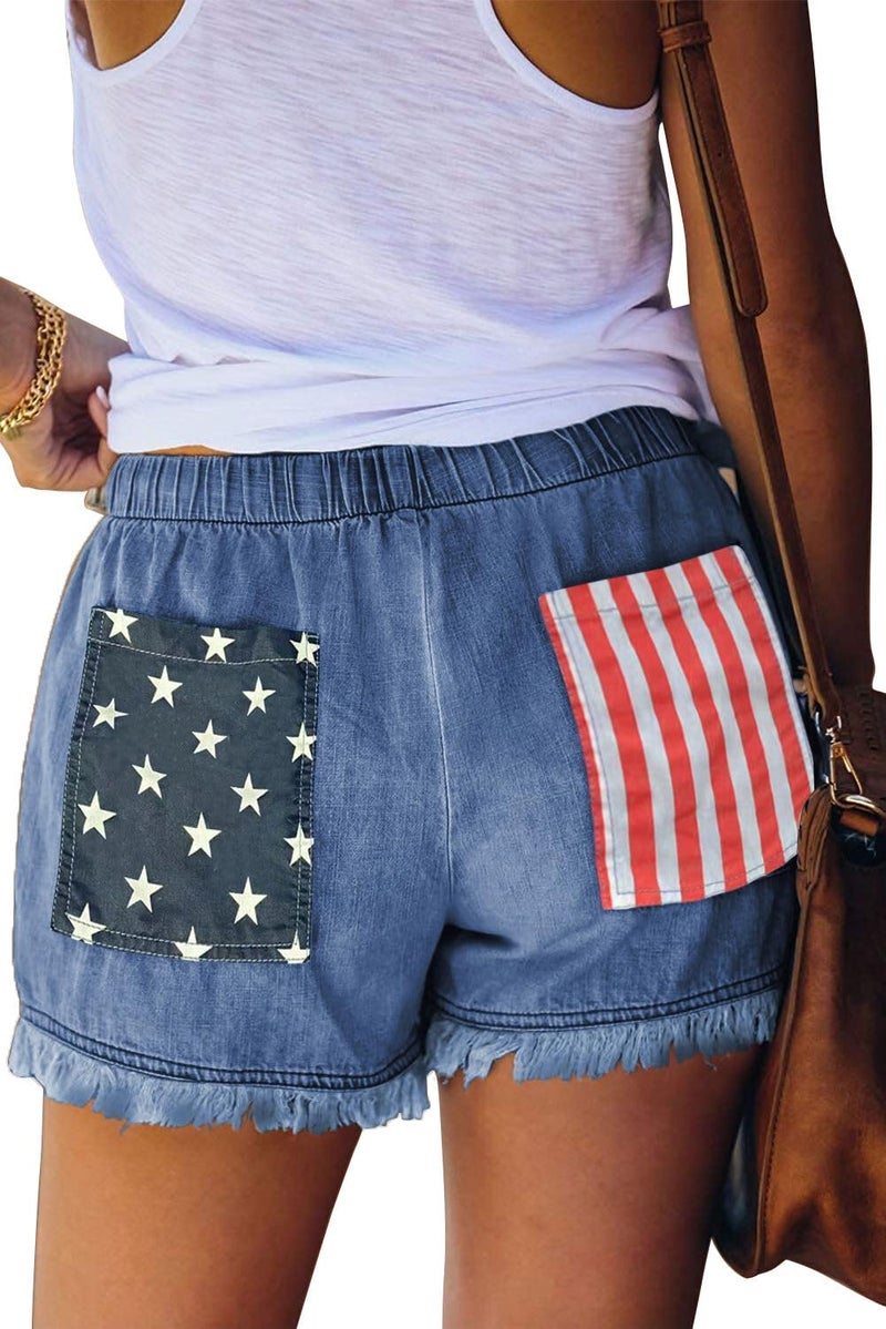 YOCUR Us Flag Drawstring Jean Shorts for Women Casual Baggy Trendy High Waist Tassel Denim Patriotic Shorts Hot Pants Blue S - Image 4