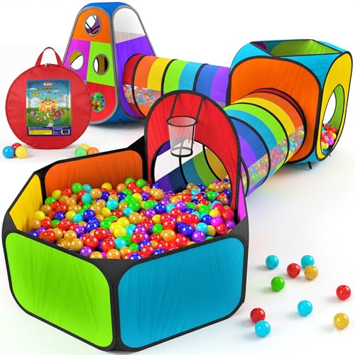 Playz 5pc Kids Play Tents Tunnels Ball Pit for Toddlers Basketball Hoop Crawling Tubes PopUp Playhouses Baby Obstacle Course for Indoor or Outdoor Use - Image 1