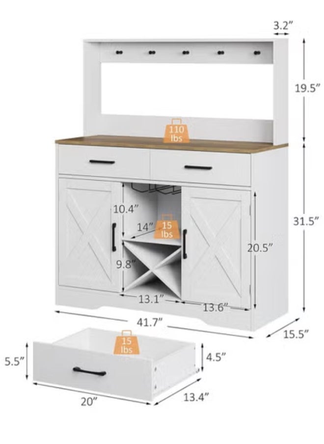 AGD Multipurpose Large Kitchen Storage Cabinet, Kitchen and Living Room Console Cabinet, Kitchen and Dining Room Console Cabinet, with 2 Drawers, 2 Cabinets, 2 Shelves and High Hanging Shelf 106*40*130cm White  - Image 4