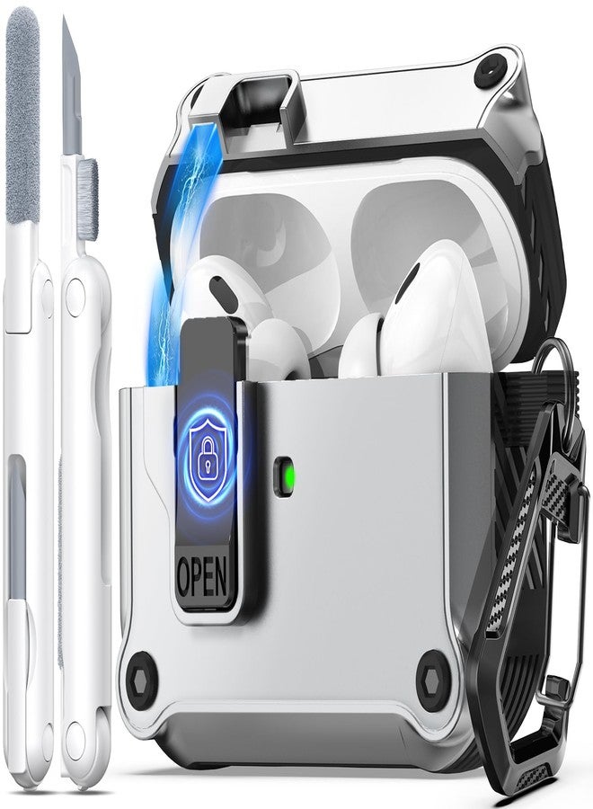 R-fun علبة شحن R-fun لسماعات AirPods Pro من الجيل الثاني 2023 (USB-C)، و2022 (كابل Lightning)، والجيل الأول 2019، مزودة بغطاء منبثق تلقائيًا لحماية كاملة من السقوط، مع طقم تنظيف، لون فضي. - Image 1
