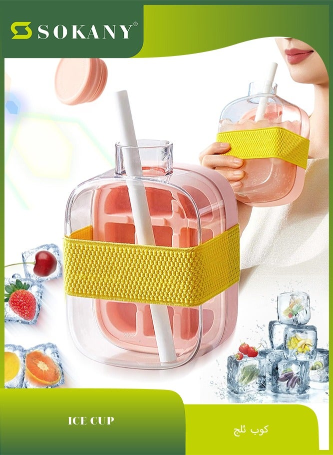 sokany Ice Cube Cup for Ice Beverage, 2 in 1 Cube and Water Bottle with Straw, Push Type Molds Bottle, Summer Ice Drink Cup, Creative Pop Tray (500ml) (Pink)  - Image 1