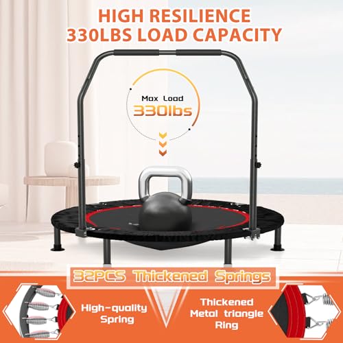 K KENSONE 40” Mini Flodable Spring Rebounder Trampoline for Adults with Adjustable Bar, Small Exercise Trampoline for Indoor Workout and Fitness, Gray Resistance Band Included, Max Load 330 LBS - Image 2