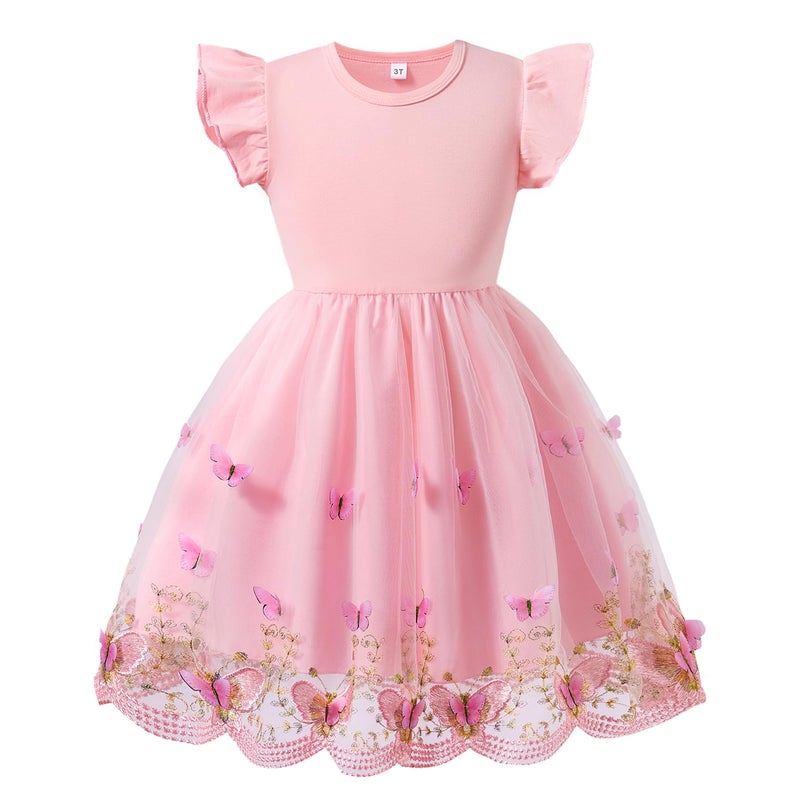Akyzic Girls Fairy Dress Butterfly Floral Ruffle Pink Tulle Tutu Party Formal Birthday Flower Girl Dress 6 Years - Image 1