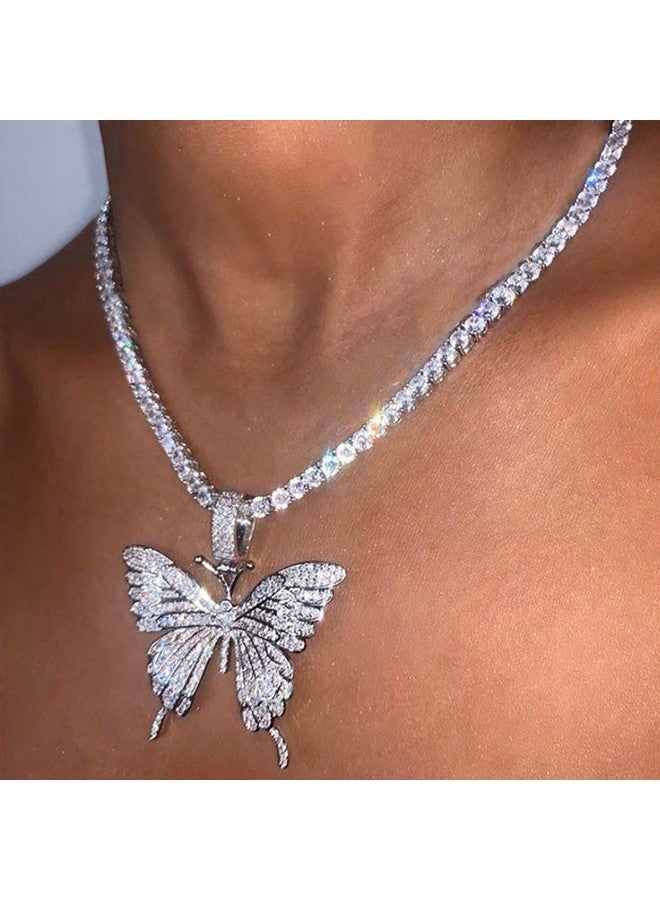 EARENT Rhinestone Butterfly Choker Necklace Crystal Butterfly Pendant Necklaces Chain Sparkly Neck Jewelry For Women (Asilver) - Image 1