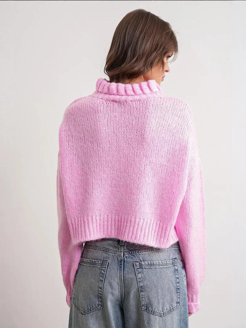 Mixray Powder Pink Mixray Thick Turtleneck Textured Crop Sweater for Women | Best Price UAE