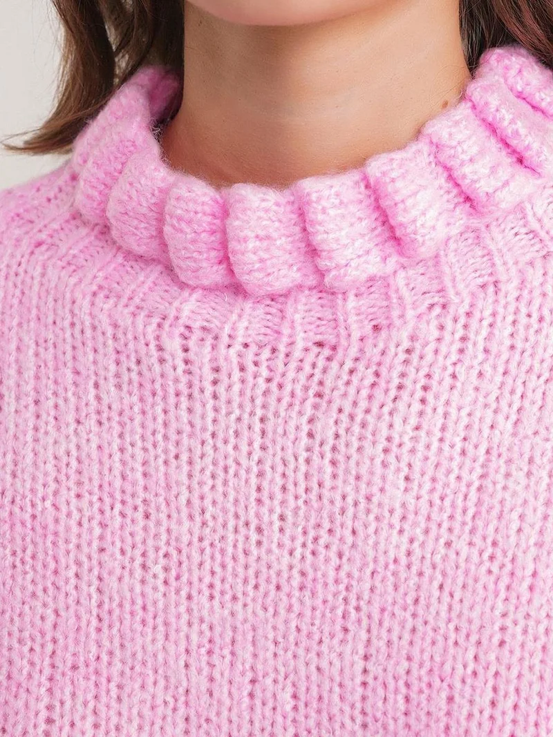 Mixray Powder Pink Mixray Thick Turtleneck Textured Crop Sweater for Women | Best Price UAE