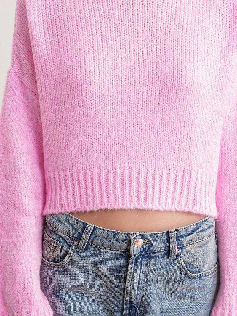 Mixray Powder Pink Mixray Thick Turtleneck Textured Crop Sweater for Women | Best Price UAE