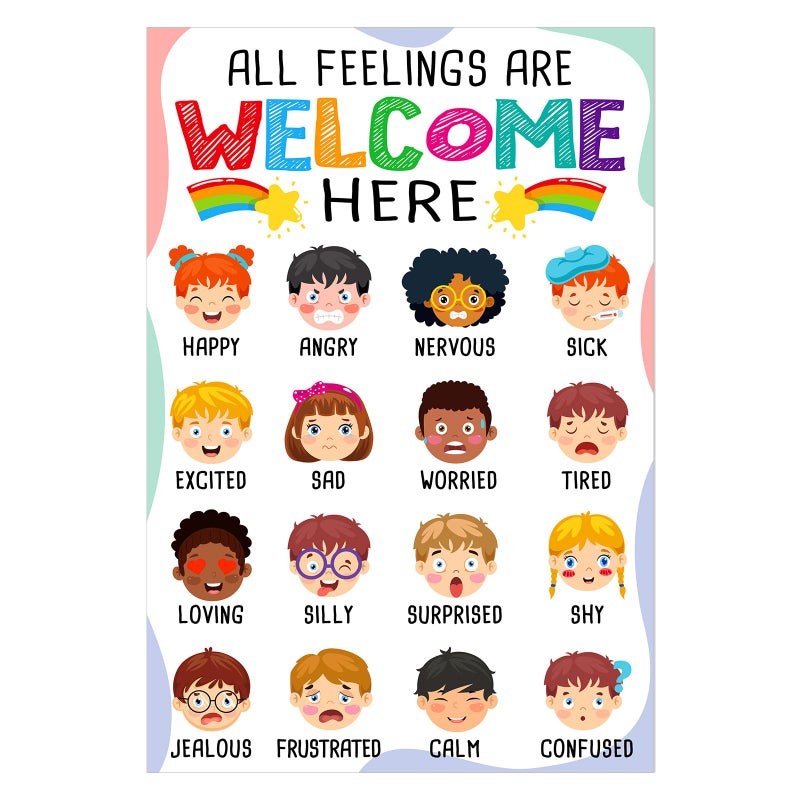 FLYAB Feelings Chart for Kids - 11.2x16.5 Inch Classroom Decorations Elementary Emotions Learning Mental Health Poster for Toddlers Educational Calming Corner Teacher Must Haves for Back to School Supplies - Image 1